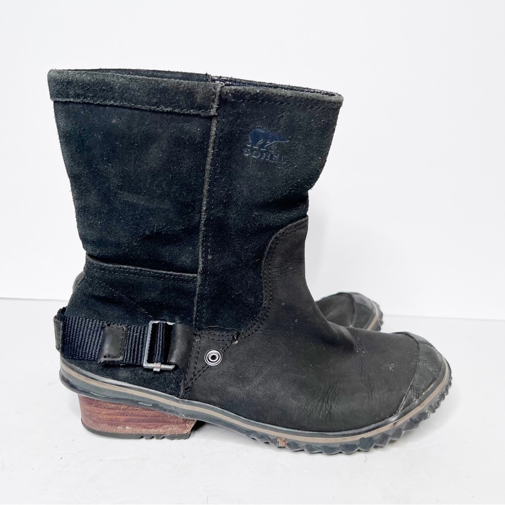 Sorel Slimshortie Waterproof Boot Black Leather Suede Winter Shoes Snow Size 7